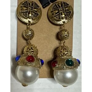 Vintage Graft Faux Baroque Pearl Moghul Style Dangle Rhinestone Clip Earrings